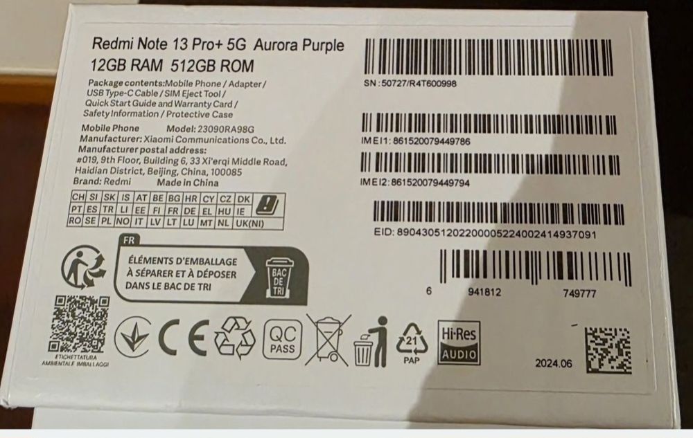 Redmi Note 13 Pro+ 5G - 512GB / 12GB RAM (Novo, Sem Uso)