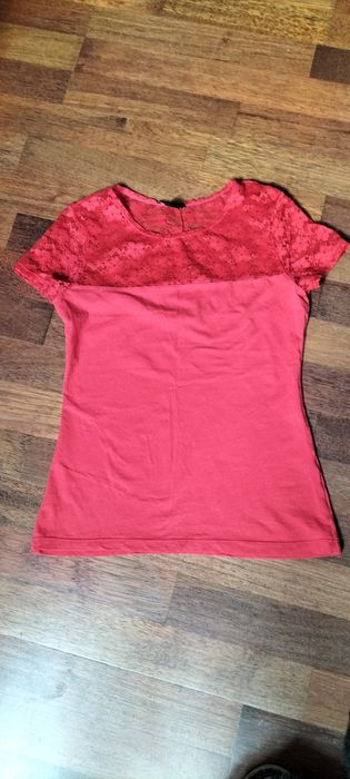 Piękna bluzka bluzeczka z koronką krótki rękaw dekolt w łódkę S