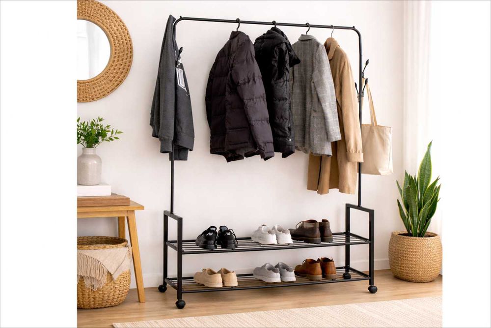 NOWY Wieszak Na Ubrania Stojący z Kółkami Metalowy Czarny Drążek LOFT