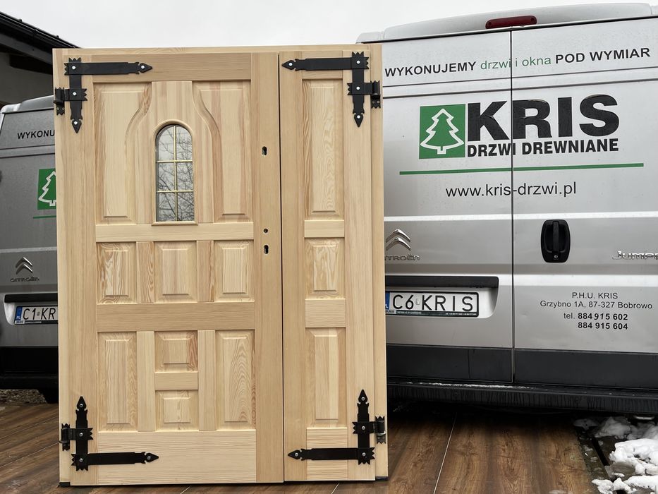 Drzwi zewnętrzne lite drewniane dwuskrzydłowe ocieplane Góralskie