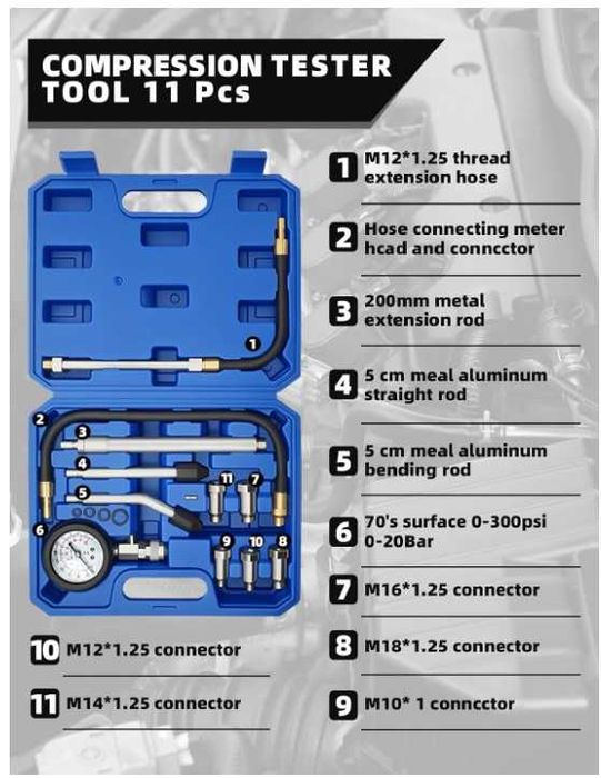 Tester kompresji silnika 11 elementów 0-20bar Wvoillty