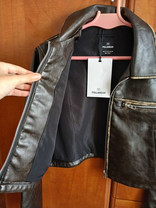 Casaco cabedal castanho Pull&Bear mulher Jaqueta curta polipele blusao biker motard