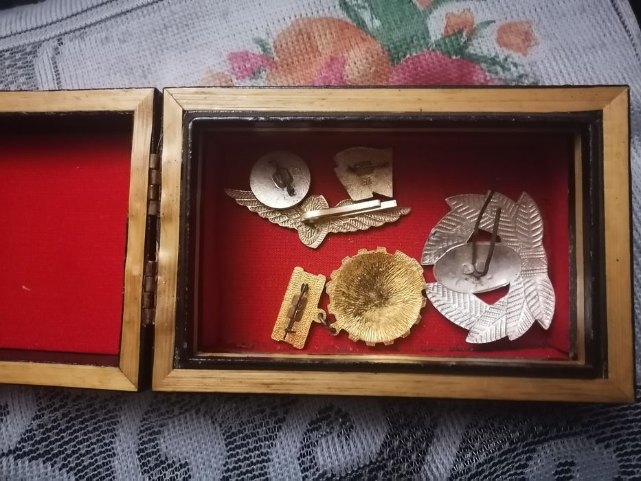 Деревянная шкатулка(ссср) +значки