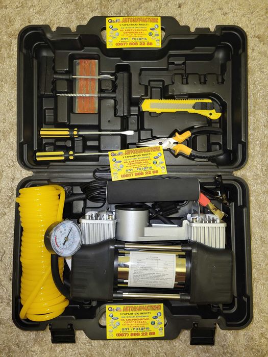 Двухпоршневой компрессор автомобильный с комплектом ремонта  в кейсе