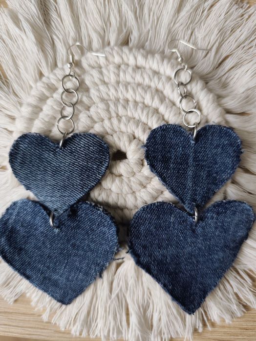 Kolczyki dżins serca na łańcuszku handmade, lekkie