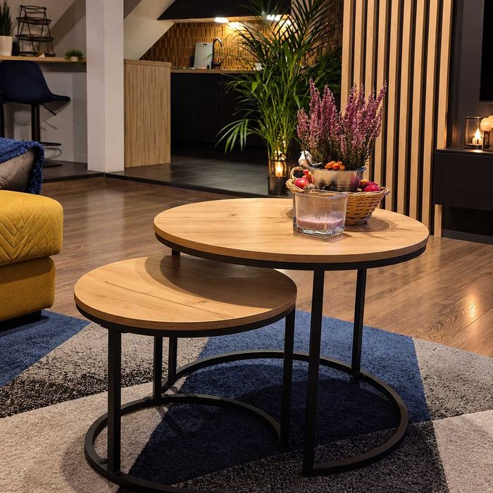 NOWY Zestaw Stolików Kawowych 2w1 Okrągły Stolik KAWOWY Okrągły Rozkładany Solidny LOFT Craft Ława Wysyłka OKAZJA