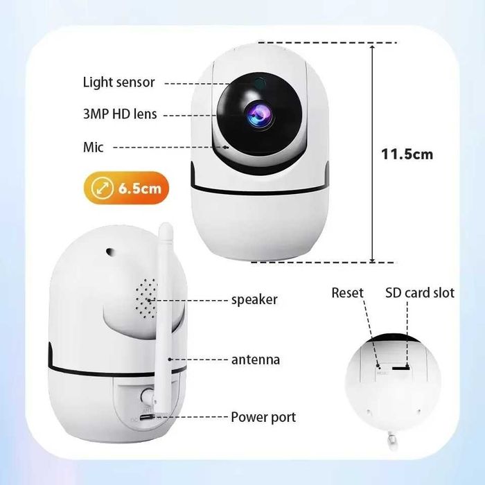 2 Câmaras de segurança doméstica inteligente, panorâmica 360° com PTZ
