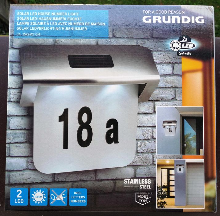 Numer domu z oświetleniem 2x LED solarny 25x26x7cm stal nierdzewna