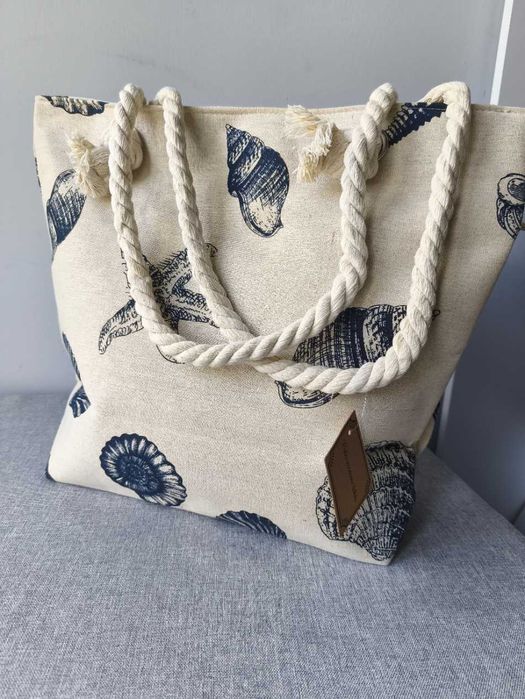 Torba letnia plażowa nowa duża pojemna jasna muszelki plecione paski