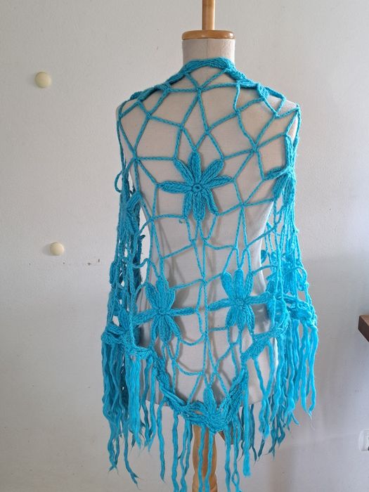 Duża trójkątna turkusowa chusta vintage 58