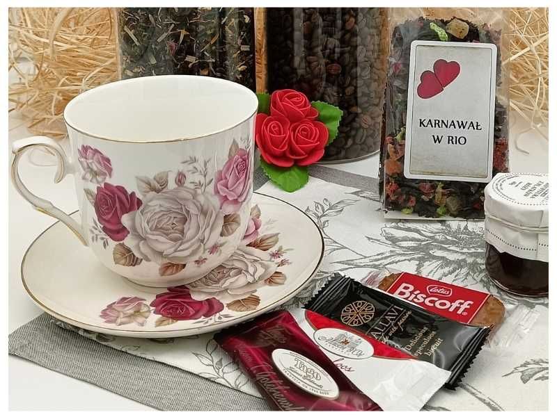 Zestaw box prezentowy filiżanka JUMBO spodek herbata konfitura ciastka