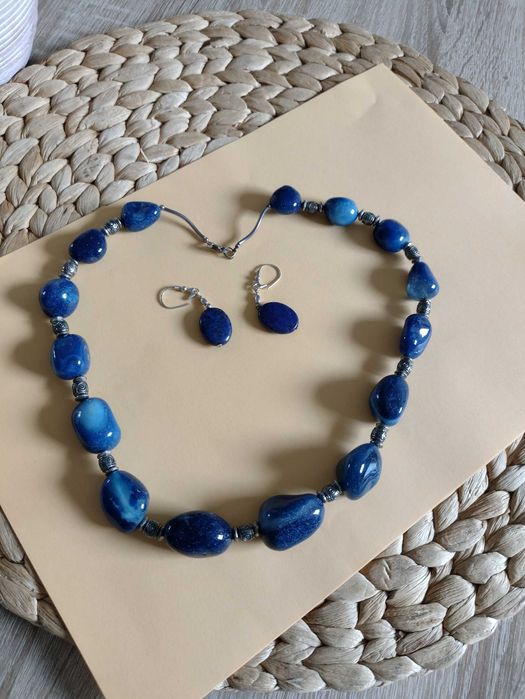 Komplet granat korale agat + kolczyki lapis lazuli