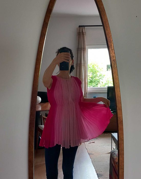 Vestido mini/ túnica ombré em seda rosa design francês T38