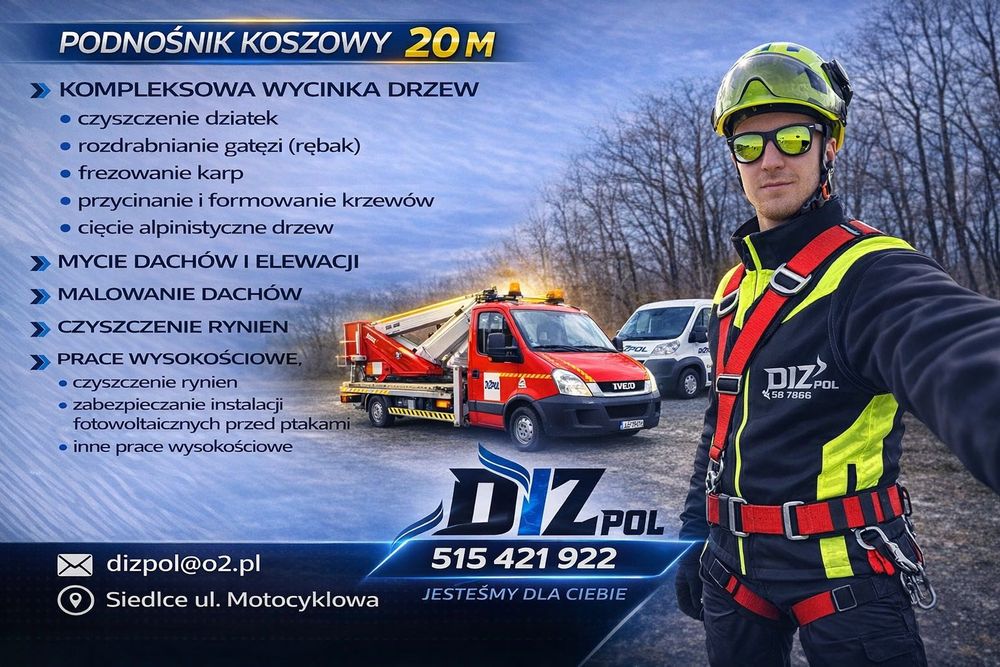 podnośnik koszowy wycinka drzew mycie dachów elewacji, frezowanie karp