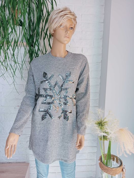 Ciepły długi sweter świąteczny szary z cekinami F&F M/38/10