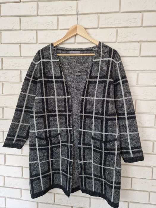 Kardigan narzuta sweter gruby wiosna płaszcz w krate szary,36 S czarny