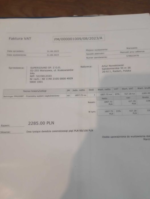 Nagłośnienie Behringer PPA500bt --3 letni -faktura zakupu
