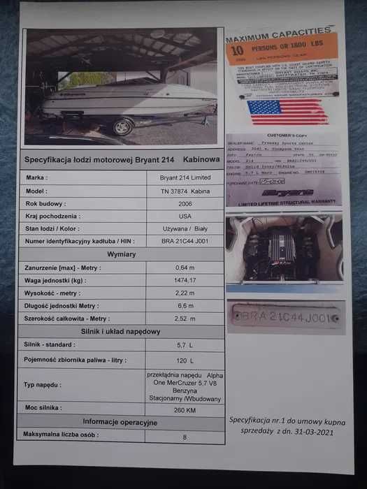 Łódź motorowa kabinowa Bryant 214 . 5,7-V8 . 260 KM.