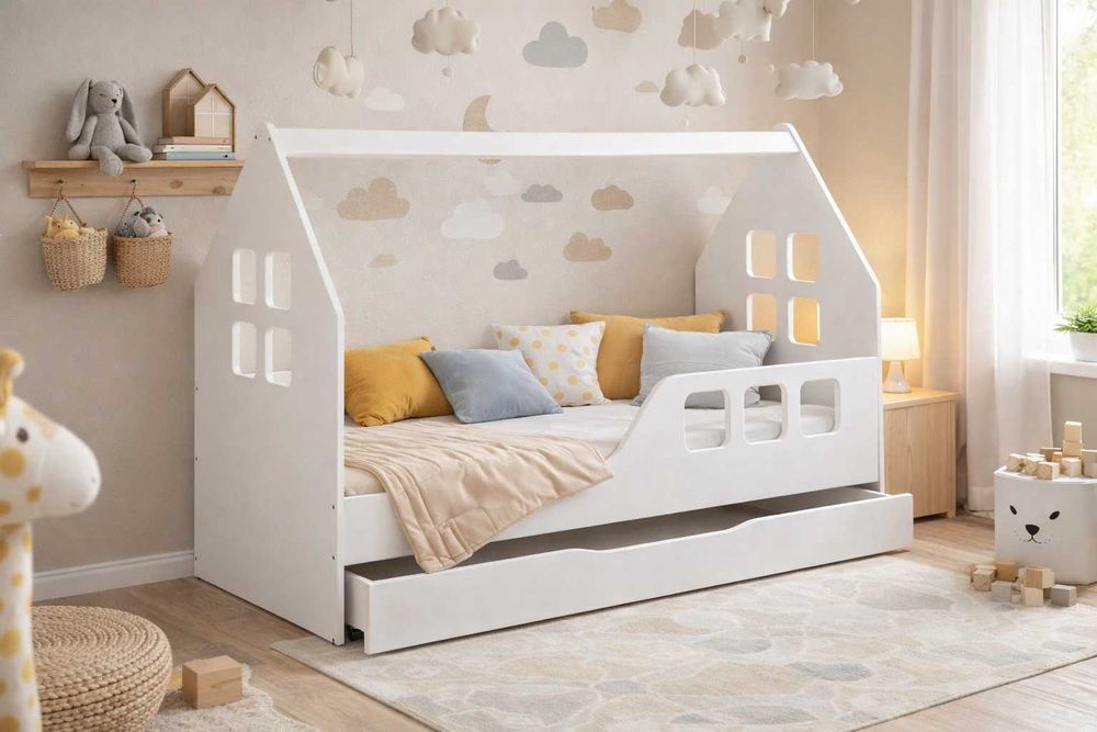 Łóżko DOMEK z SZUFLADĄ 160x80 dla dziecka BIAŁE + materac GRATIS