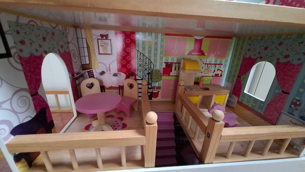 Duży drewniany domek dla lalek + meble | 3 piętra