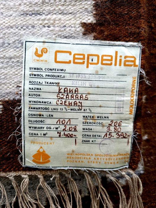 Kilim CEPELIA „ŁĄKA” projekt Szarras Poznań PRL metka