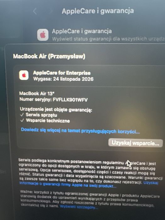 Apple Macbook air M1 8 GB dysk 300 gb 13” gwarancja apple