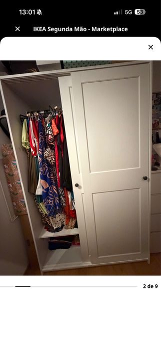 Roupeiro c/portas deslizantes, branco, 118x55x199 cm · Como novo