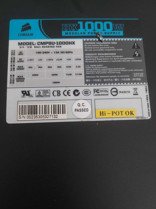 Fonte de alimentação Corsair HX 1000W - Semi-Modular