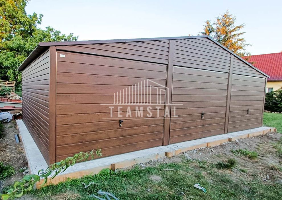GARAŻ BLASZANY 9m x 6m - dwuspad 3x Brama ciemny orzech TS258  9x6