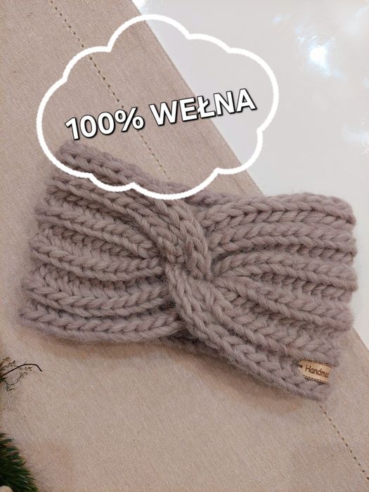 Opaska na drutach ręcznie robiona 100% wełna jasny beż
