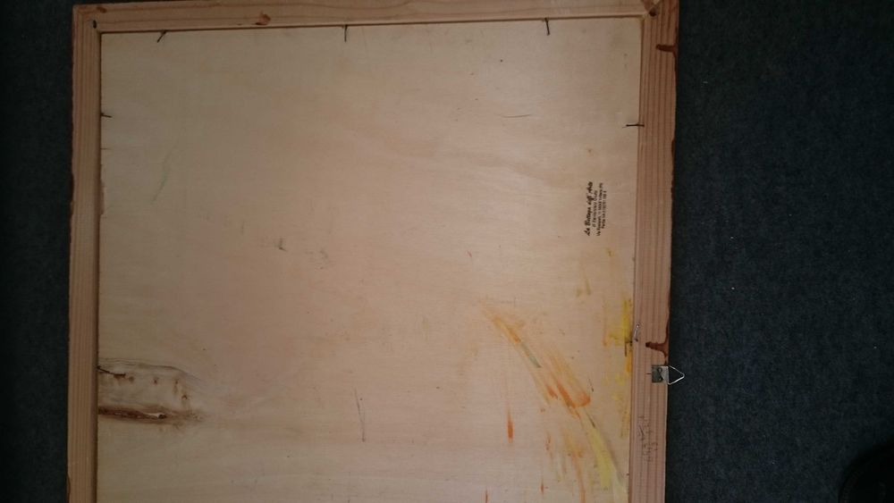 Quadro a oleo sobre painel de madeira com moldura.