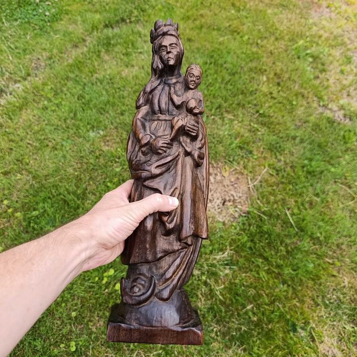Drewniana figura Matka Boska z Dzieciątkiem | rzeźba 42 cm | vintage