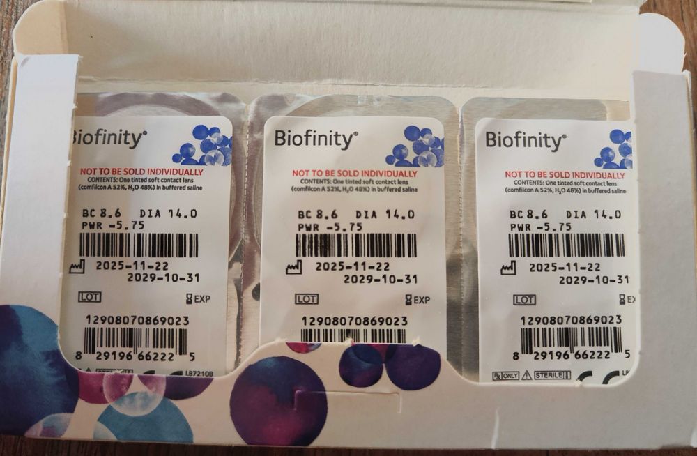 Soczewki Biofinity -5,75, opakowanie 6 sztuk, data 2029-10-31
