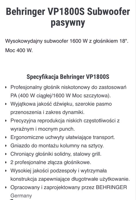 Behringer VP1800S Subwoofer głośnik pasywny