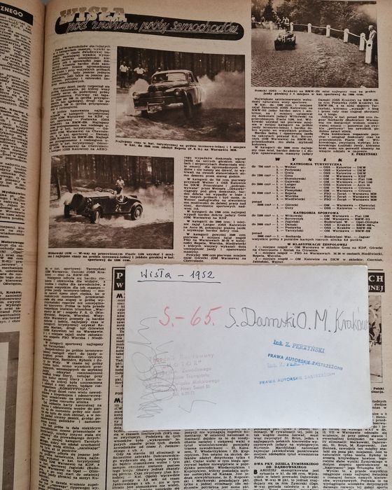Oryginalne stare zdjęcie z Tygodnika Motor Damski BMW 328 Wisła 1952