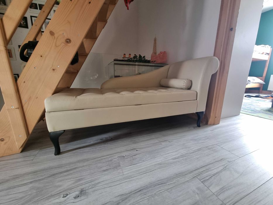 szezlong sofa ławka fryzjerska do poczekalni ze schowkiem kremowa