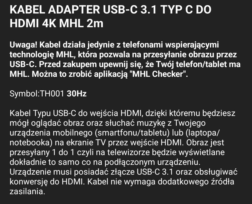 Kabel adapter USB-C do HDMI 4k MHL