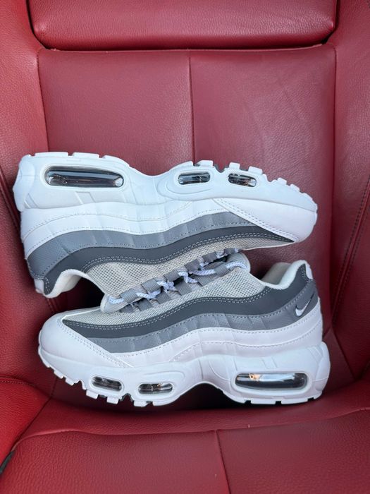 (БЕЗ ПЕРЕДОПЛАТИ) Nike Air Max 95 Grey White найк ейр макс 95 сіро-білі шкіряні сітчасті кросівки з прозорими повітряними подушками