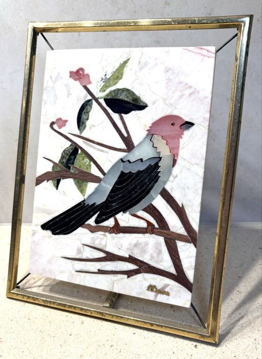 Linda placa em pedra de mármore com mosaíco - motivo de um pássaro - trabalho artesanal - marcado