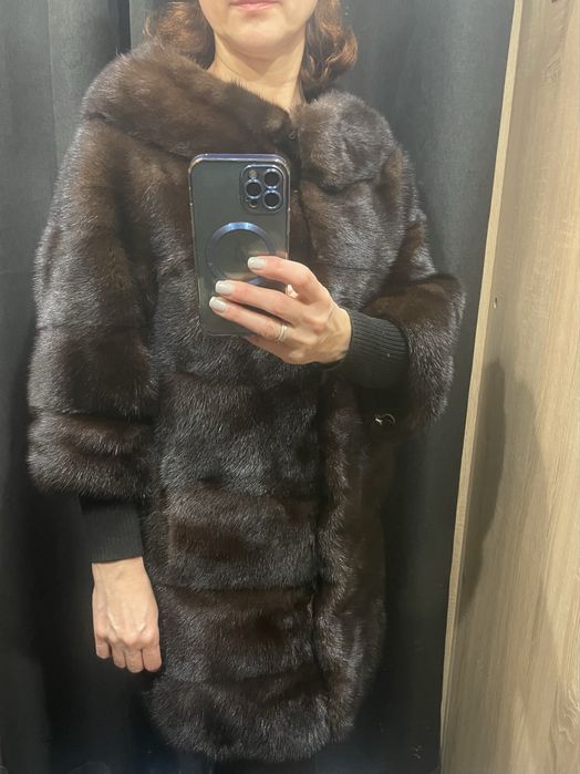 Елегантна норкова шуба темний шоколад комір шанель