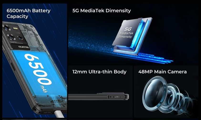 Oukitel WP50 5G. 12Gb(4+8)/256Gb, Dimensity 6100+, 48Mp, 6500Ma/h, NFC