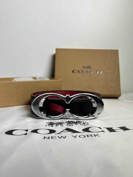 Ремень Coach Signature Buckle, 25 мм (серебро/черный/бордо)