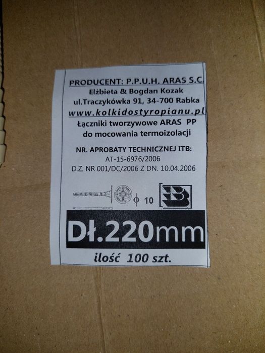 Kołki, dyble, kotwy do styropianu, 10 x 220, 100szt.