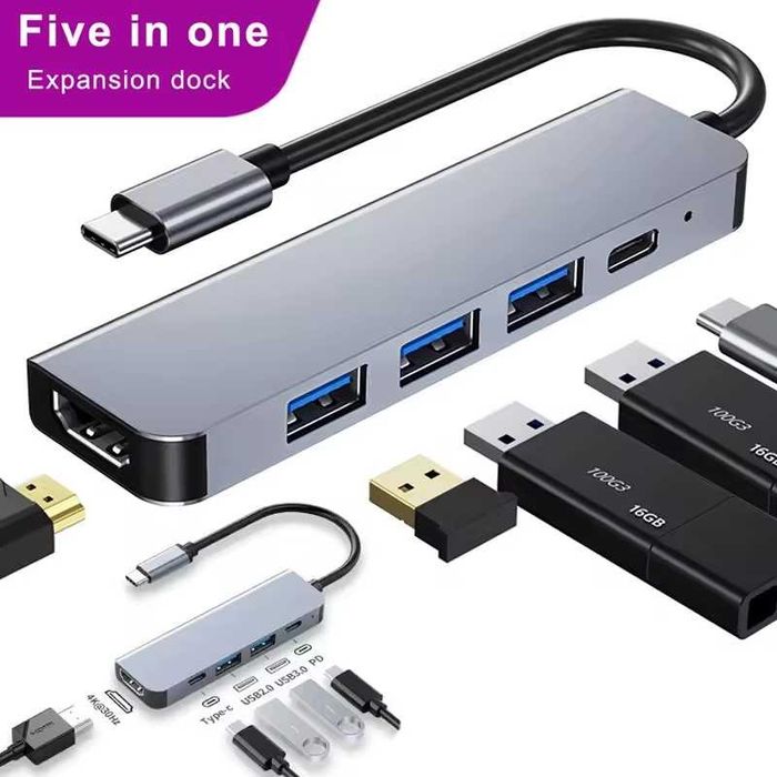 Хаб USB C 5в1 HDMI 4K PD USB 3.0 адаптер MacBook iPhone 15