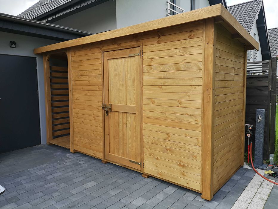 Domek narzędziowy z drewutnią 4 x 1,5m, solidna zabudowa ogrodowa
