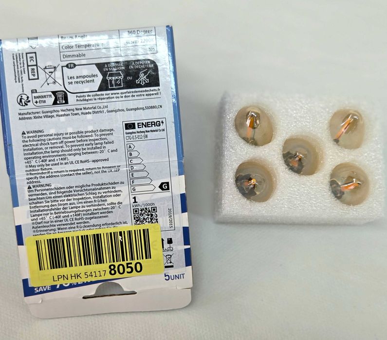 Lâmpadas led filamento c7 e12 0,5w 2200k – pack de 5