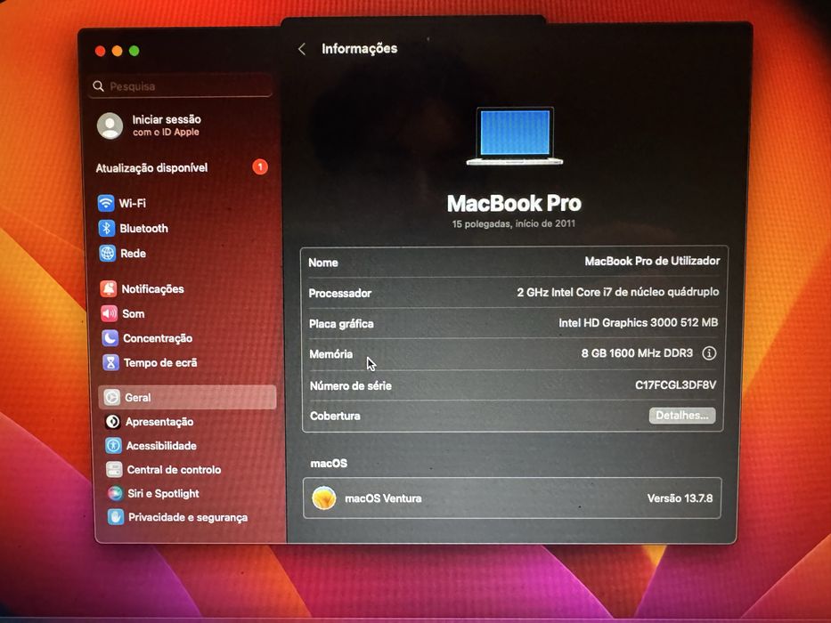 Macbook pro inicio 2011 15”