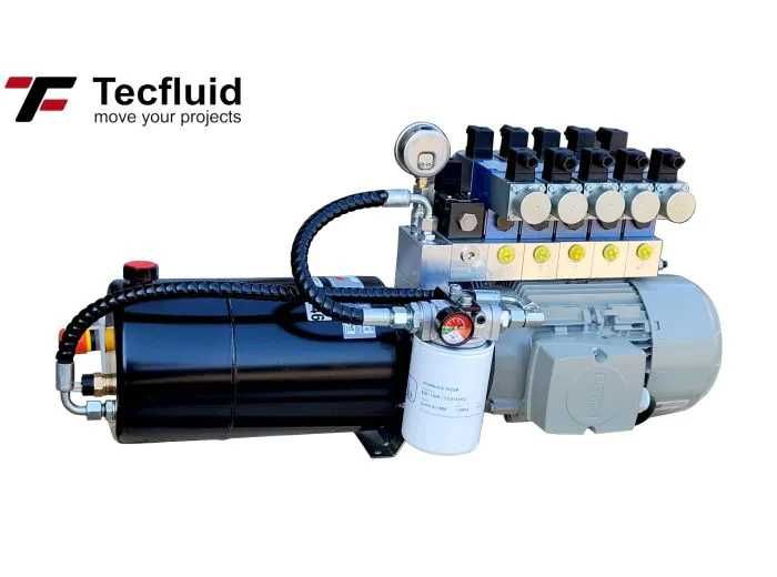 2kW Mini zasilacz hydrauliczny kompaktowy z płynną regulacją ruchu siłowników, z 5 rozdzielaczami proporcjonalnymi TecFluid