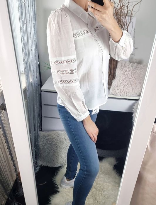 Koszula damska ażurowa z długim rękawem biała 100% bawełna S