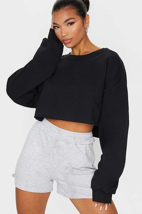 Bluza damska czarna długi rękaw, szeroka, krótka, M - dres